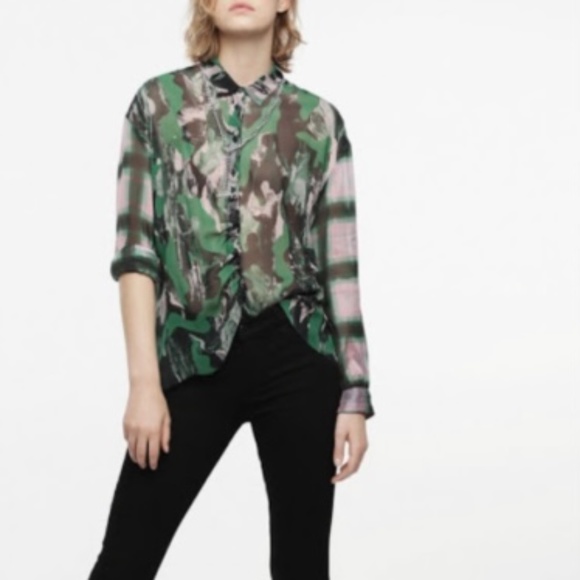 NWT Diesel C-Lois-A Contrast Plaid Georgette Sheer Long Sleeve Shirt Green Sz M - Picture 2 of 5